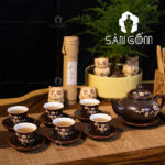Bộ ấm chén men nâu dáng cổ họa tiết hoa đào SG-AC23