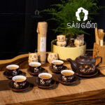 Bộ ấm chén men nâu dáng vuông họa tiết hoa đào SG-AC24