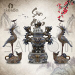 Bộ đỉnh hạc Bát Tràng họa tiết men rạn đắp nổi SG-ĐH02