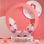 Bộ tượng sứ trang trí 2 con chó màu hồng Bát Tràng SG-TT12