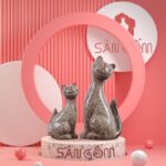 Bộ tượng sứ trang trí 2 con mèo nâu đậm Bát Tràng SG-TT17