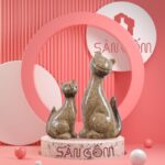 Bộ tượng sứ trang trí 2 con mèo nâu nhạt Bát Tràng SG-TT26
