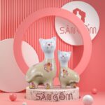 Bộ tượng sứ trang trí 2 con mèo vẽ hoa đào SG-TT02