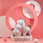 Bộ tượng sứ trang trí 2 con ngựa màu trắng hồng vẽ hoa SG-TT21