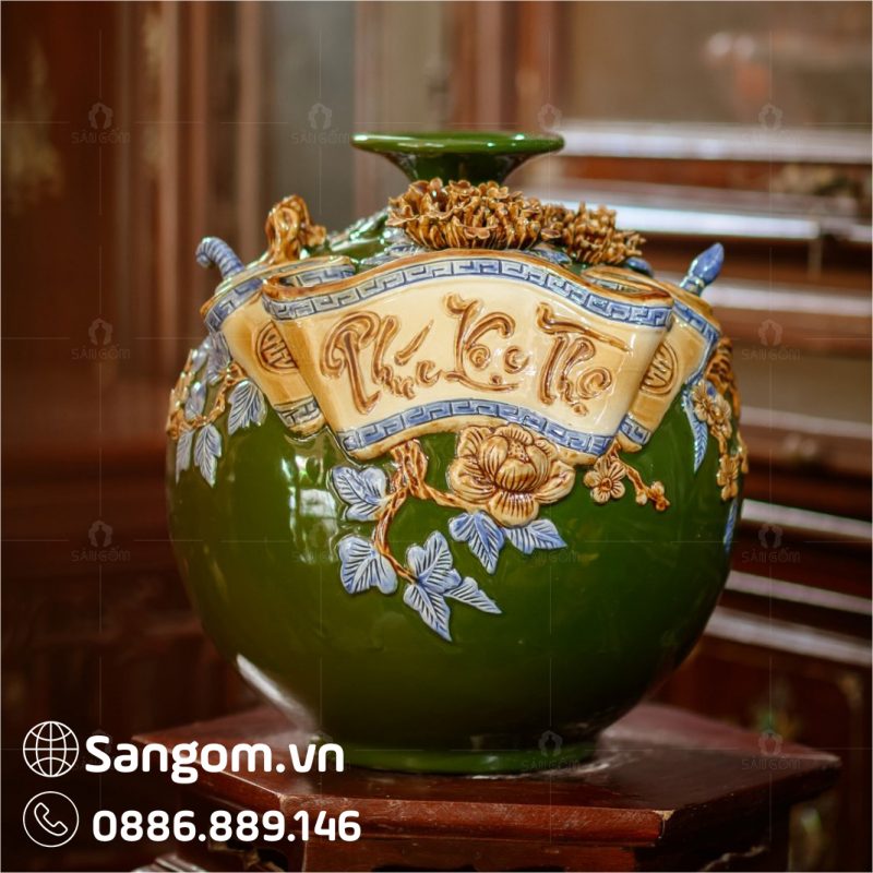 Bình hút lộc Cuốn thư ngang Phúc Lộc Thọ đắp nổi xanh ngọc SG-BHL16 - Ảnh 2