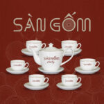 Ấm chén quà tặng sứ trắng in logo dáng vai vuông chỉ vàng SG-AC51