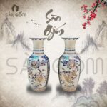 Cặp lọ hoa men lam vẽ vàng họa tiết bồ ô cảnh Hỷ Sự Lâm Môn SG-LHT14