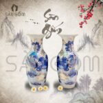 Cặp bình hoa Bát Tràng họa tiết sen chép men lam vẽ vàng SG-LHT15