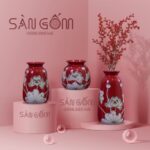 Bộ 3 bình hoa sứ Bát Tràng màu đỏ họa tiết hoa sen trắng SG-BH129