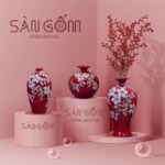 Bộ 3 bình hoa sứ Bát Tràng màu đỏ họa tiết hoa mộc lan SG-BH131