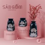Bộ 3 bình hoa màu xanh rêu họa tiết hoa sen Bát Tràng SG-BH124