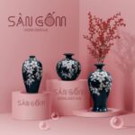 Bộ 3 bình hoa decor màu xanh rêu họa tiết hoa mộc lan SG-BH125