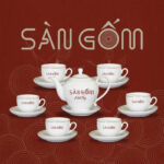 Bộ ấm chén trà Camelia in logo sứ trắng viền vàng SG-AC48
