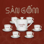 Bộ ấm chén quà tặng in logo dáng vuông sứ trắng viền kim SG-AC47