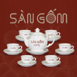 Bộ ấm chén sứ Bát Tràng men trắng viền vàng in logo SG-AC25