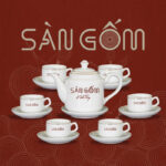 Bộ ấm chén sứ trắng Bát Tràng viền kim in logo SG-AC26