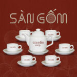 Bộ ấm chén sứ trắng in logo Bát Tràng dáng tiệp SG-AC42