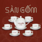 Bộ ấm chén sứ trắng in logo Bát Tràng dáng vuông thẳng SG-AC45
