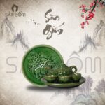 Bộ ấm chén thờ men ngọc lục bảo họa tiết nhành đào SG-ACT04