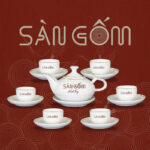 Bộ ấm chén trà sứ trắng vòi voi vẽ vàng kim Bát Tràng SG-AC56