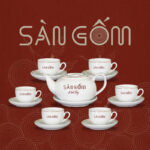 Bộ ấm trà sứ trắng Bát Tràng dáng CK nắp lõm viền kim SG-AC52