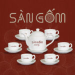 Bộ ấm trà sứ trắng Bát Tràng dáng tiệp in logo SG-AC37