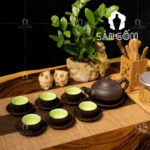 Bộ ấm trà tử sa Bát Tràng đắp nổi lá trúc SG-AC62