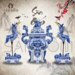 Bộ đỉnh hạc men lam Bát Tràng họa tiết vẽ tay SG-ĐH01