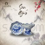 Khay trầu Bát Tràng men lam họa tiết hoa sen SG-KTT01