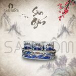 Kỷ thờ 3 chén Bát Tràng họa tiết hoa sen men lam vẽ vàng SG-KT06