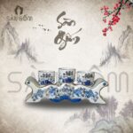 Kỷ ngai 3 chén họa tiết hoa sen men lam vẽ vàng Bát Tràng SG-KT08