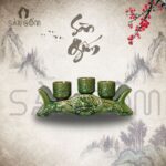 Kỷ ngai 3 chén men ngọc lục bảo họa tiết cuốn thư SG-KT12