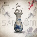 Lọ hoa thờ miệng lượn sóng họa tiết hoa sen vẽ vàng SG-LHT07