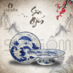 Mâm bồng thờ men lam Bát Tràng vẽ cá chép hoa sen SG-MBT02