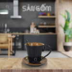 Bộ lipton kèm đĩa và thìa nâu gốm Bát Tràng SG-LS19