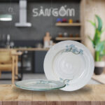 Đĩa hai lá vẽ sen xanh men kem Bát Tràng SG-D43
