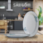 Đĩa bầu dục vẽ sen xanh men kem Bát Tràng SG-D51