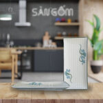 Đĩa chữ nhật múi vẽ sen xanh men kem Bát Tràng SG-D50