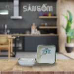 Đĩa gia vị vuông vẽ sen xanh men kem Bát Tràng SG-BGV46