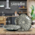Đĩa hoa gốm sứ Bát Tràng men xanh đồng vẽ bèo SG-D37