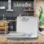 Đĩa sứ vuông vẽ sen xanh men kem Bát Tràng SG-D44