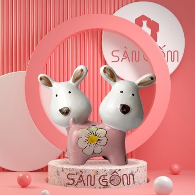 bo-tuong-su-trang-tri-2-con-cho-mau-trang-hong-ve-hoa