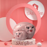 Bộ tượng sứ trang trí 2 con heo Bát Tràng màu hồng SG-TT60