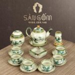 Bộ ấm chén màu ngà Camellia họa tiết trúc xanh SG-AC107