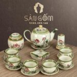 Bộ ấm chén màu ngà dáng bầu họa tiết Hoa Sen SG-AC110