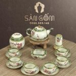 Bộ ấm chén màu ngà dáng chuông họa tiết Nhành Lựu SG-AC114