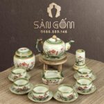 Bộ ấm chén màu ngà dáng tròn họa tiết Hoa Sen vẽ tay SG-AC129