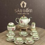 Bộ ấm chén màu ngà dáng minh long S3 họa tiết nhành Lựu SG-AC130