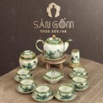 Bộ ấm chén màu ngà dáng minh long S3 họa tiết trúc xanh SG-AC131