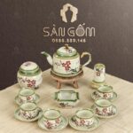 Bộ ấm chén màu ngà dáng chữ thập họa tiết nhành lựu SG-AC135